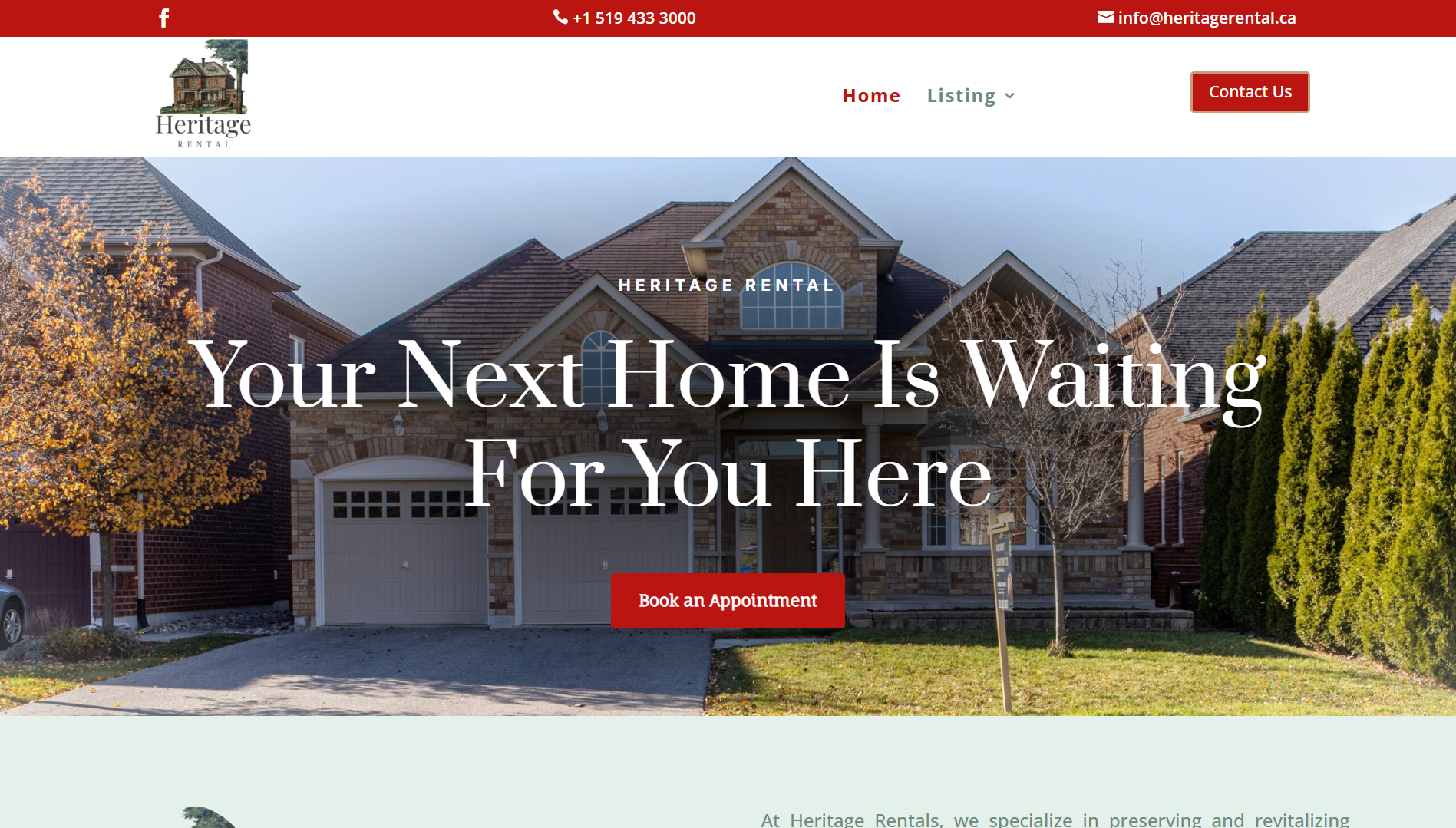 Heritage Rental Website Homepage